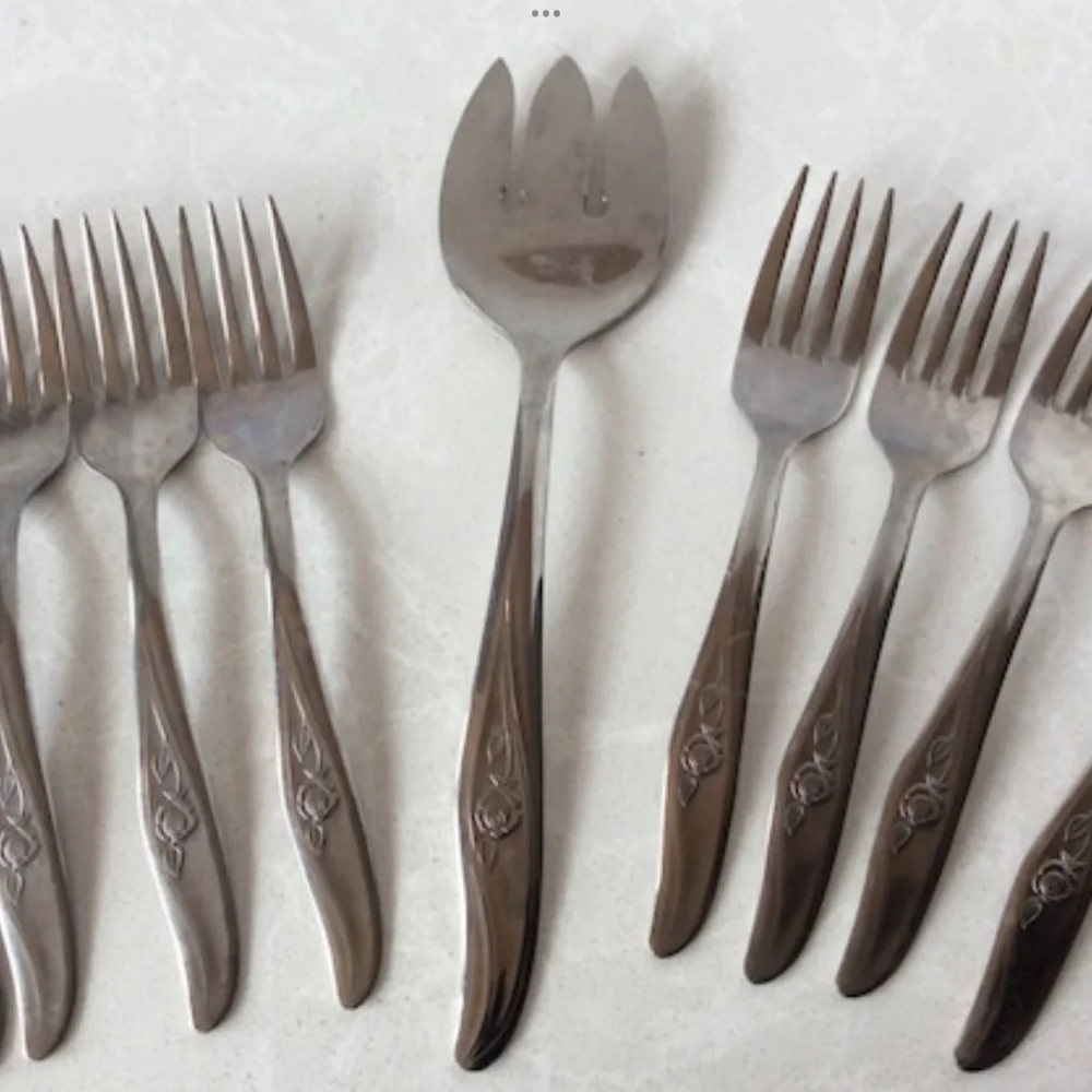 Vintage Utica Cameo Rose Fork Set 8 Salad Forks and 1 Serving Fork 9 Piece Steel